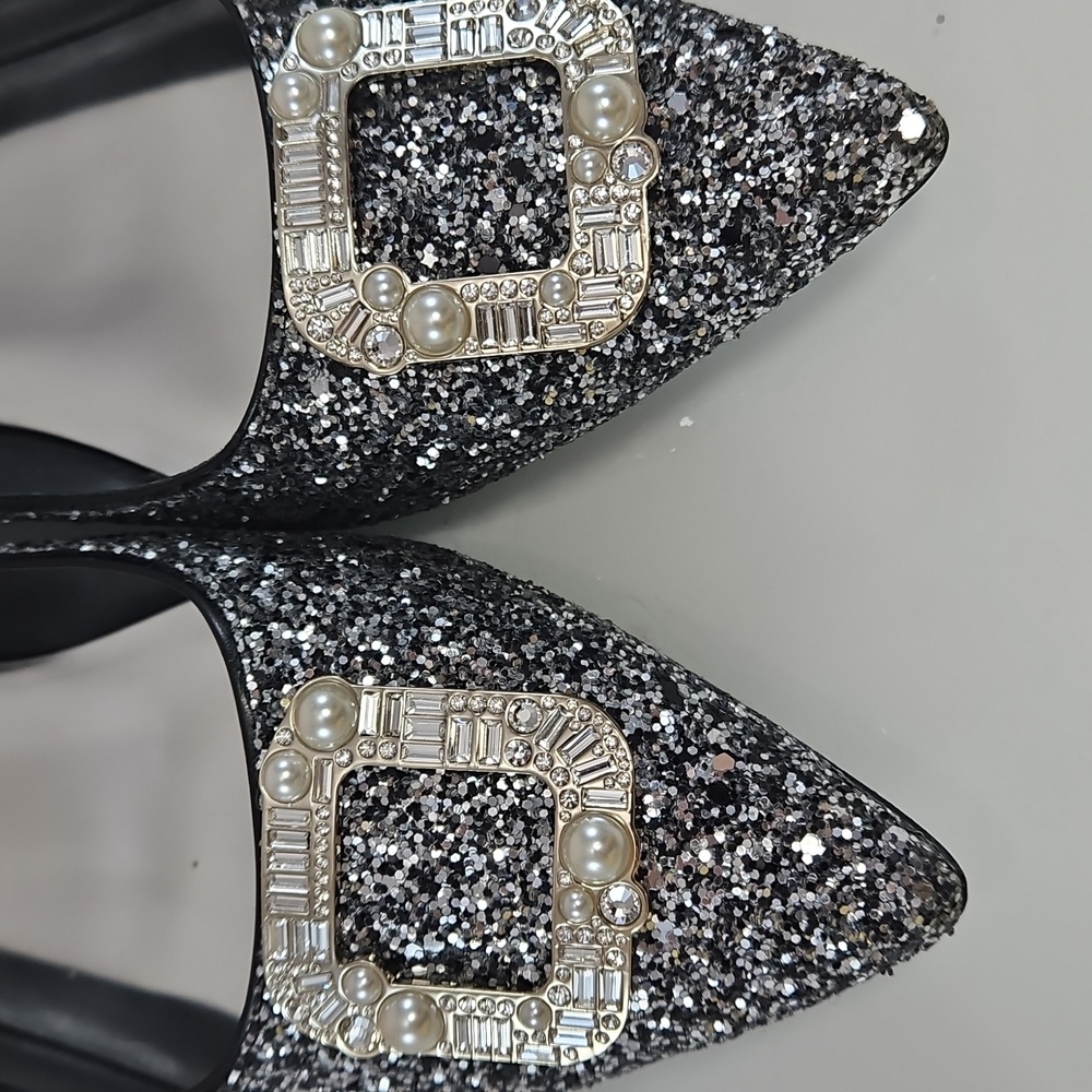 Kate Spade Silver Buckle Up Glitter Flats Size 38.5 - Picture 15 of 16
